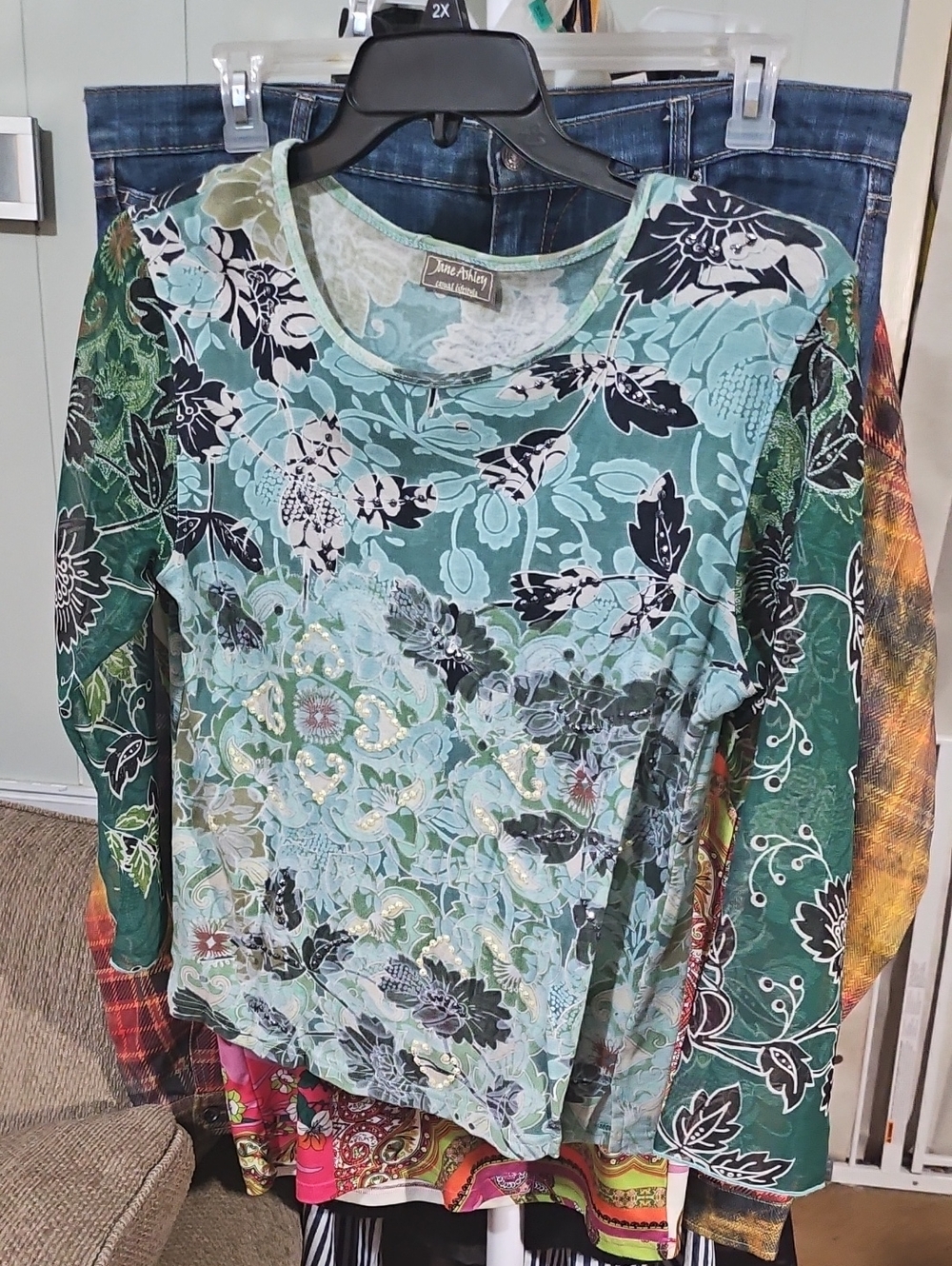 Jane Ashley Aqua and Green Floral Lace-Print Long Sleeve Tee